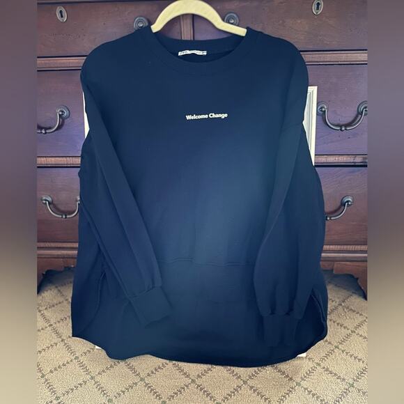 Zara black long sleeve sweatshirt w shirt back and high low hem, white text ~ S - Picture 1 of 11